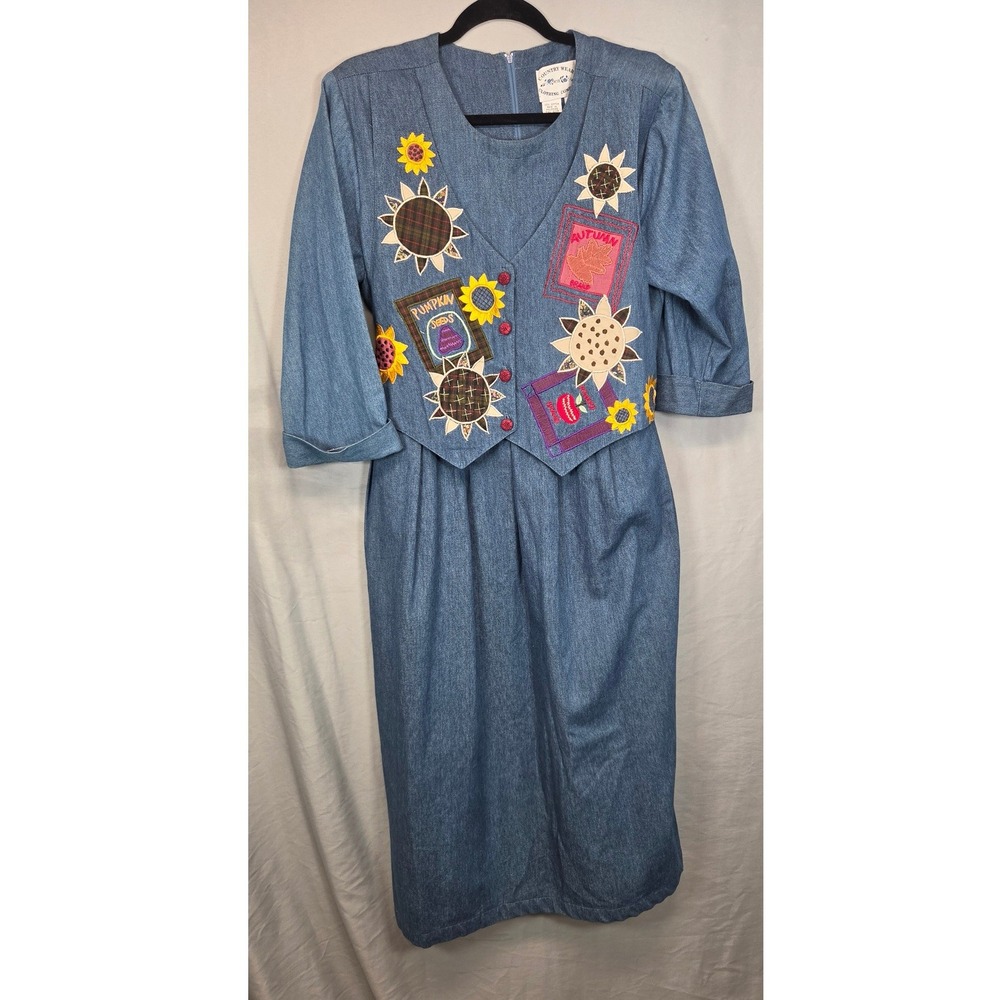 Country Wear Denim Midi Dress Vest Layered Womens 10 Embroidered Fall 90's Folk